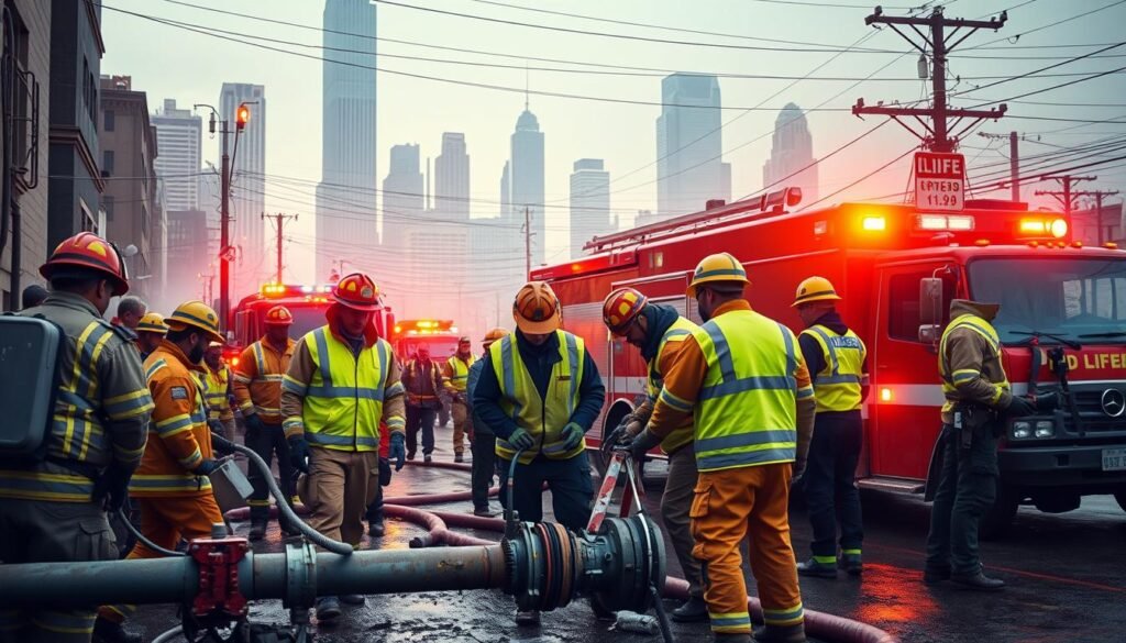 A bustling emergency services scene, with firefighters, paramedics, and utility workers responding to a plumbing emergency. The foreground features a team of workers in high-visibility uniforms, inspecting a burst pipe and maneuvering equipment. In the middle ground, a fire engine and ambulance with flashing lights add a sense of urgency. The background showcases the urban cityscape, with skyscrapers and power lines. Warm lighting and a slightly hazy atmosphere convey a sense of immediacy and the need for prompt action. The image should convey the importance of swift emergency response to address critical infrastructure issues. A bustling emergency services scene, with firefighters, paramedics, and utility workers responding to a plumbing emergency. The foreground features a team of workers in high-visibility uniforms, inspecting a burst pipe and maneuvering equipment. In the middle ground, a fire engine and ambulance with flashing lights add a sense of urgency. The background showcases the urban cityscape, with skyscrapers and power lines. Warm lighting and a slightly hazy atmosphere convey a sense of immediacy and the need for prompt action. The image should convey the importance of swift emergency response to address critical infrastructure issues.