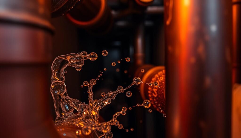 A close-up view of water pipes, showcasing the turbulent flow and bubbling sounds within. The scene is bathed in warm, ambient lighting that accentuates the metallic textures and subtle reflections on the pipe surfaces. The foreground features a section of the pipe, with the middle ground revealing the intricate network of interconnected pipes, while the background blurs into a muted, industrial environment. The overall composition conveys a sense of the unseen but audible movement of water, hinting at the underlying issue of water noise within the household plumbing system. A close-up view of water pipes, showcasing the turbulent flow and bubbling sounds within. The scene is bathed in warm, ambient lighting that accentuates the metallic textures and subtle reflections on the pipe surfaces. The foreground features a section of the pipe, with the middle ground revealing the intricate network of interconnected pipes, while the background blurs into a muted, industrial environment. The overall composition conveys a sense of the unseen but audible movement of water, hinting at the underlying issue of water noise within the household plumbing system.