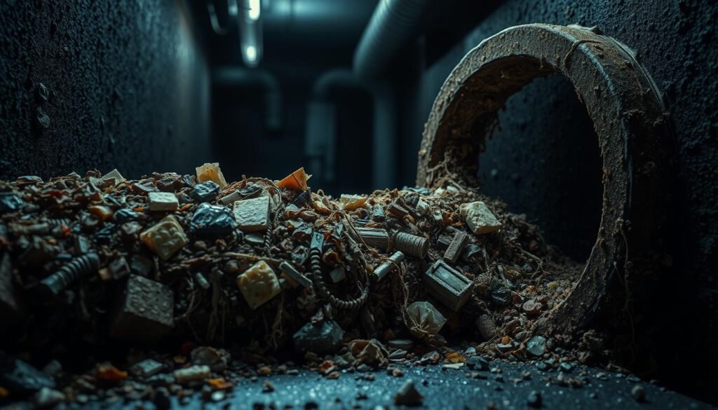 A cross-section of a clogged drain or sewer pipe, revealing a tangled mass of debris, grease, and waste material obstructing the flow. The foreground depicts the buildup in vivid detail, while the middle ground shows the pipe's interior structure. The background fades into a dimly lit, industrial setting, conveying the underground nature of the issue. Dramatic lighting casts shadows and highlights the textural complexity of the blockage, emphasizing the need for professional intervention. Realistic, high-quality rendering with a technical, problem-solving atmosphere. A cross-section of a clogged drain or sewer pipe, revealing a tangled mass of debris, grease, and waste material obstructing the flow. The foreground depicts the buildup in vivid detail, while the middle ground shows the pipe's interior structure. The background fades into a dimly lit, industrial setting, conveying the underground nature of the issue. Dramatic lighting casts shadows and highlights the textural complexity of the blockage, emphasizing the need for professional intervention. Realistic, high-quality rendering with a technical, problem-solving atmosphere.