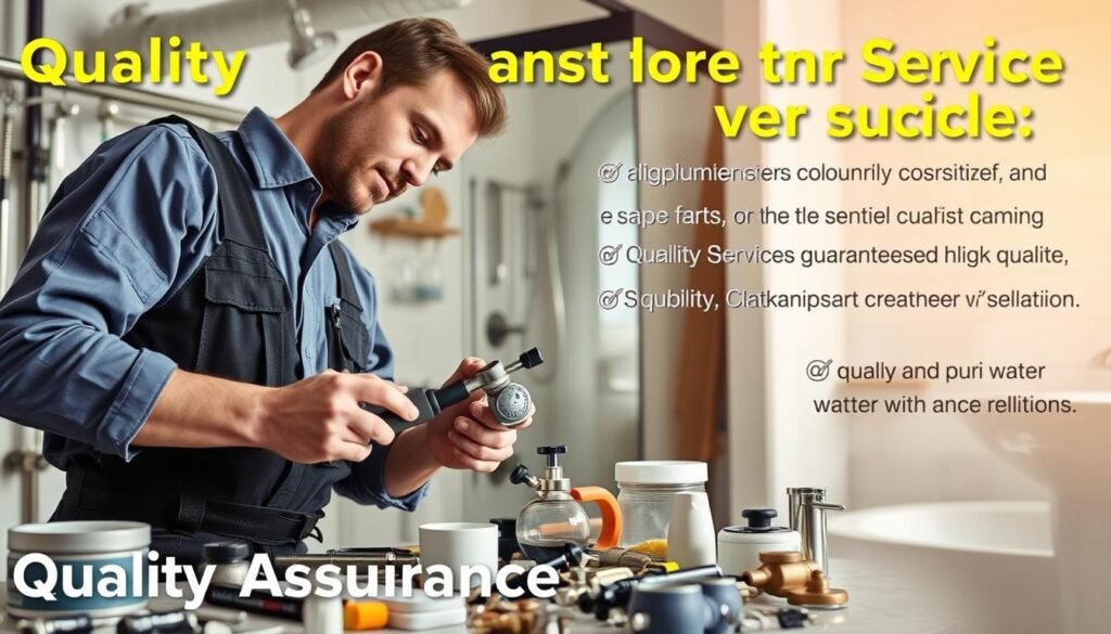 A detailed and well-organized image showcasing the "Quality Assurance for Water Repair Services". In the foreground, a professional plumber in uniform examines a water pipe using various tools, exuding expertise and attention to detail. The middle ground features an array of plumbing accessories and spare parts, conveying the comprehensive service offerings. In the background, a clean, modern bathroom setting with pristine tile work and fixtures, symbolizing the high-quality workmanship and customer satisfaction. The lighting is warm and natural, creating a welcoming and trustworthy atmosphere. The overall composition emphasizes the commitment to quality, reliability, and post-service guarantees for water repair services. A detailed and well-organized image showcasing the "Quality Assurance for Water Repair Services". In the foreground, a professional plumber in uniform examines a water pipe using various tools, exuding expertise and attention to detail. The middle ground features an array of plumbing accessories and spare parts, conveying the comprehensive service offerings. In the background, a clean, modern bathroom setting with pristine tile work and fixtures, symbolizing the high-quality workmanship and customer satisfaction. The lighting is warm and natural, creating a welcoming and trustworthy atmosphere. The overall composition emphasizes the commitment to quality, reliability, and post-service guarantees for water repair services.