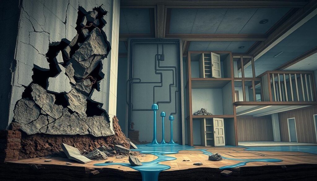 A detailed architectural diagram showcasing the detrimental effects of water leaks on buildings. The foreground depicts cracked walls, crumbling foundations, and damaged electrical systems caused by the infiltration of water. The middle ground features mold growth and rotting structural elements. The background reveals the wider impact, with flooded basements, warped floors, and compromised insulation. The lighting is a somber, muted tone, conveying the sense of deterioration and the urgent need for repair. The scene is captured from a low angle, emphasizing the scale of the damage and the importance of addressing water leaks to maintain the structural integrity and safety of the building. A detailed architectural diagram showcasing the detrimental effects of water leaks on buildings. The foreground depicts cracked walls, crumbling foundations, and damaged electrical systems caused by the infiltration of water. The middle ground features mold growth and rotting structural elements. The background reveals the wider impact, with flooded basements, warped floors, and compromised insulation. The lighting is a somber, muted tone, conveying the sense of deterioration and the urgent need for repair. The scene is captured from a low angle, emphasizing the scale of the damage and the importance of addressing water leaks to maintain the structural integrity and safety of the building.