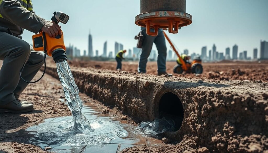 A detailed cross-section of the water leak detection process in Kuwait, showcasing the various stages involved. In the foreground, a technician uses specialized equipment to pinpoint the precise location of the leak, with water gushing from the ground. In the middle ground, a team excavates the area, exposing the damaged pipe. In the background, the city skyline provides context, highlighting the urban setting. The scene is illuminated by natural light, casting shadows and creating a sense of depth. The overall tone is one of professionalism and efficiency, capturing the importance of the water leak detection service in the Kuwaiti capital. A detailed cross-section of the water leak detection process in Kuwait, showcasing the various stages involved. In the foreground, a technician uses specialized equipment to pinpoint the precise location of the leak, with water gushing from the ground. In the middle ground, a team excavates the area, exposing the damaged pipe. In the background, the city skyline provides context, highlighting the urban setting. The scene is illuminated by natural light, casting shadows and creating a sense of depth. The overall tone is one of professionalism and efficiency, capturing the importance of the water leak detection service in the Kuwaiti capital.