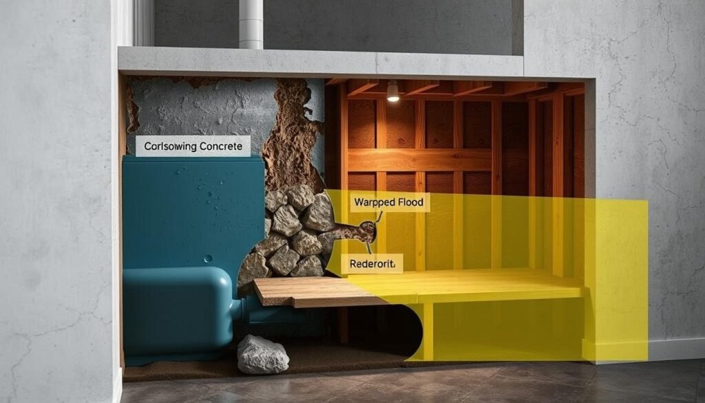 A detailed cutaway diagram showcasing the structural damage caused by water leaks in a building. The image should display the foundation, walls, and floors, with highlighted areas indicating corrosion, crumbling concrete, warped wood, and other signs of deterioration. The scene should be illuminated by soft, natural lighting, providing a sense of seriousness and technical precision. The overall tone should convey the gravity of the situation, emphasizing the need for prompt action to address the structural issues caused by the water intrusion. A detailed cutaway diagram showcasing the structural damage caused by water leaks in a building. The image should display the foundation, walls, and floors, with highlighted areas indicating corrosion, crumbling concrete, warped wood, and other signs of deterioration. The scene should be illuminated by soft, natural lighting, providing a sense of seriousness and technical precision. The overall tone should convey the gravity of the situation, emphasizing the need for prompt action to address the structural issues caused by the water intrusion.