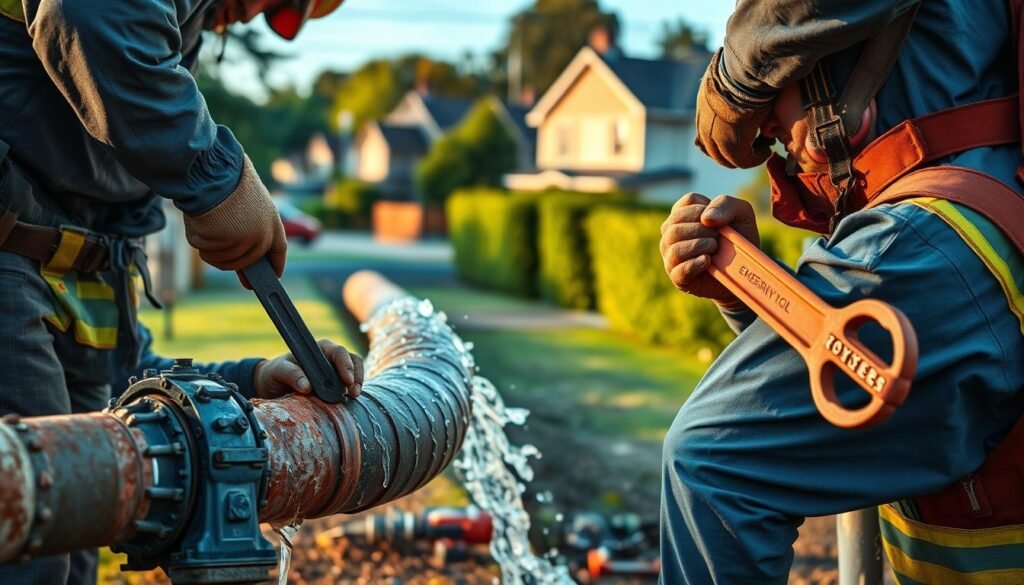 A detailed, high-resolution image of an emergency water leak response crew in action. The foreground shows two workers wearing protective gear, one using a tool to inspect the source of a water leak, the other holding a wrench and a pipe. The middle ground features a large water pipe with a visible crack, water gushing out. The background depicts a residential neighborhood with houses and lush greenery. The scene is illuminated by warm, natural lighting, creating a sense of urgency and the need for immediate action. The overall atmosphere conveys a professional, competent, and efficient emergency water leak repair service. A detailed, high-resolution image of an emergency water leak response crew in action. The foreground shows two workers wearing protective gear, one using a tool to inspect the source of a water leak, the other holding a wrench and a pipe. The middle ground features a large water pipe with a visible crack, water gushing out. The background depicts a residential neighborhood with houses and lush greenery. The scene is illuminated by warm, natural lighting, creating a sense of urgency and the need for immediate action. The overall atmosphere conveys a professional, competent, and efficient emergency water leak repair service.
