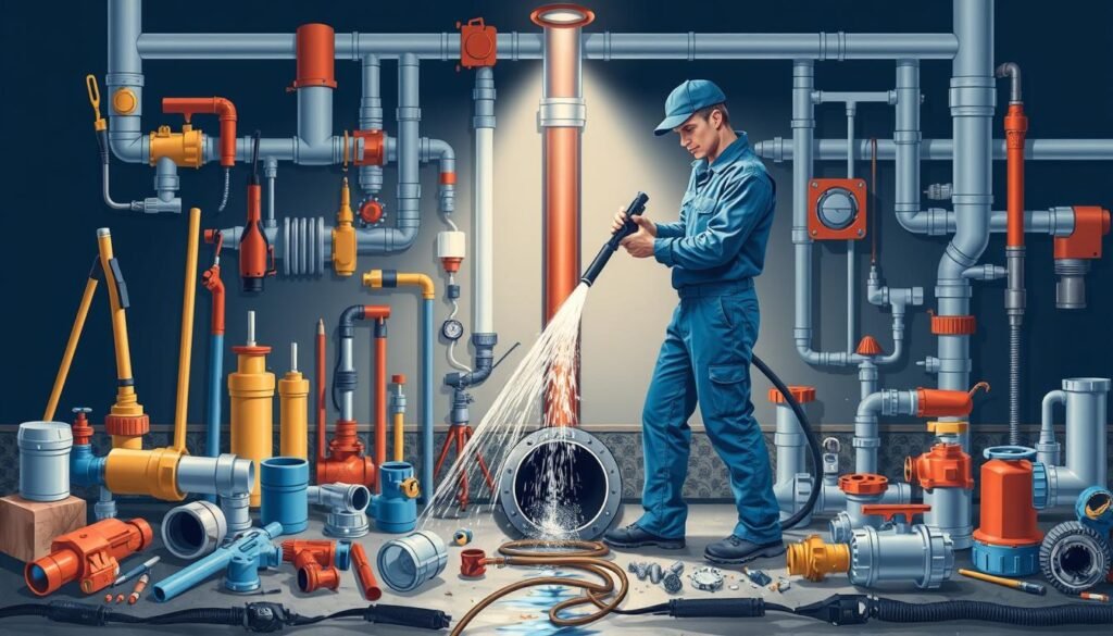 A detailed illustration of a comprehensive plumbing service, showcasing various tools and equipment used for unclogging drains and sewers. In the foreground, a plumber in a blue jumpsuit is using a high-pressure water jet to clear a blocked pipe, surrounded by a range of specialist tools such as rods, snakes, and inspection cameras. The middle ground features various pipe fittings, adapters, and valves, while the background depicts the internal structure of a complex drainage system, with intersecting pipes and access points. The lighting is bright and evenly distributed, creating a professional and authoritative atmosphere, accentuating the expertise and capabilities of the plumbing service. A detailed illustration of a comprehensive plumbing service, showcasing various tools and equipment used for unclogging drains and sewers. In the foreground, a plumber in a blue jumpsuit is using a high-pressure water jet to clear a blocked pipe, surrounded by a range of specialist tools such as rods, snakes, and inspection cameras. The middle ground features various pipe fittings, adapters, and valves, while the background depicts the internal structure of a complex drainage system, with intersecting pipes and access points. The lighting is bright and evenly distributed, creating a professional and authoritative atmosphere, accentuating the expertise and capabilities of the plumbing service.
