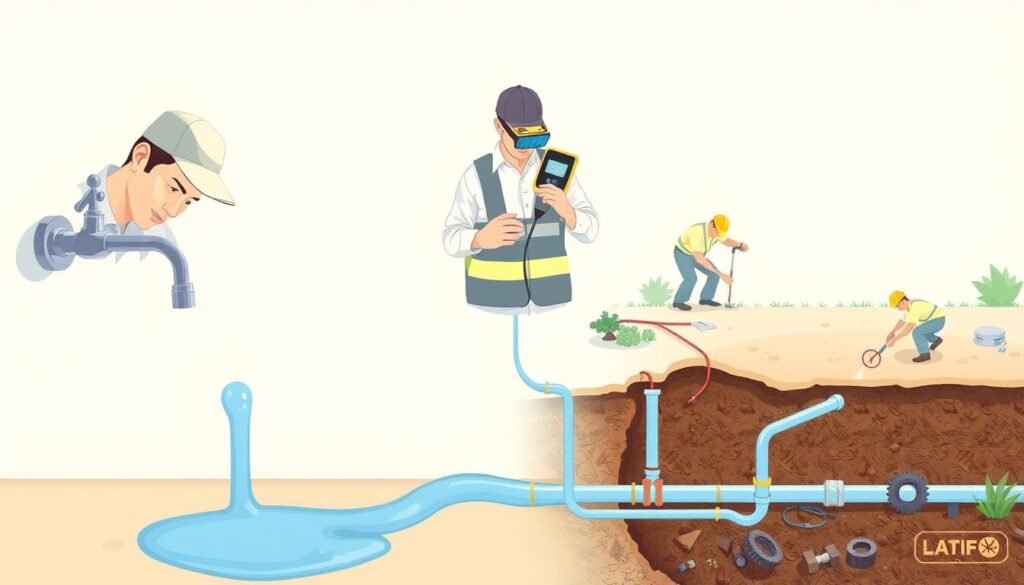 A detailed illustration of the stages of water leak detection. In the foreground, a plumber inspects a faucet, focused on finding the source of the leak. In the middle ground, a technician uses a specialized electronic leak detector, tracing the path of the leakage. In the background, workers excavate the ground to access and repair the underlying pipes. The scene is illuminated by soft, natural lighting, creating a sense of technical precision and problem-solving. The overall atmosphere conveys the methodical process of comprehensive water leak detection and resolution. A detailed illustration of the stages of water leak detection. In the foreground, a plumber inspects a faucet, focused on finding the source of the leak. In the middle ground, a technician uses a specialized electronic leak detector, tracing the path of the leakage. In the background, workers excavate the ground to access and repair the underlying pipes. The scene is illuminated by soft, natural lighting, creating a sense of technical precision and problem-solving. The overall atmosphere conveys the methodical process of comprehensive water leak detection and resolution.
