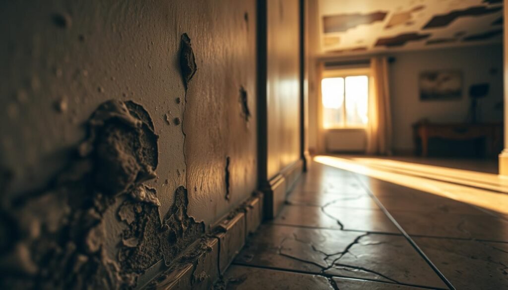 A detailed image showcasing the telltale signs of water leaks in a residential setting. The foreground features a close-up view of a damp wall with discoloration, mold growth, and bubbling paint, indicating a persistent moisture issue. The middle ground highlights cracked tiles or flooring, potentially caused by underlying water damage. In the background, a perspective of the overall room captures signs of dampness, such as moisture stains on ceilings or windows. Warm, muted lighting casts shadows that accentuate the textural irregularities, creating a somber, foreboding atmosphere. The image aims to visually communicate the warning signs that homeowners should be vigilant about when investigating potential plumbing problems. A detailed image showcasing the telltale signs of water leaks in a residential setting. The foreground features a close-up view of a damp wall with discoloration, mold growth, and bubbling paint, indicating a persistent moisture issue. The middle ground highlights cracked tiles or flooring, potentially caused by underlying water damage. In the background, a perspective of the overall room captures signs of dampness, such as moisture stains on ceilings or windows. Warm, muted lighting casts shadows that accentuate the textural irregularities, creating a somber, foreboding atmosphere. The image aims to visually communicate the warning signs that homeowners should be vigilant about when investigating potential plumbing problems.