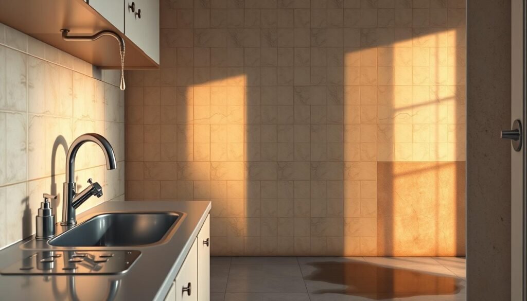 A detailed interior scene of a Kuwaiti home, capturing the common locations of water leaks. Show a kitchen sink with dripping faucet, a bathroom vanity with a cracked tile, and a damp basement corner with pooling water. Illuminate the scene with soft, natural lighting that casts subtle shadows. Render the materials realistically - gleaming chrome fixtures, textured tile, and damp concrete floors. Convey a sense of domestic disrepair, with the water damage disrupting the otherwise tidy household environment. Maintain a naturalistic composition that draws the viewer's eye through the various problem areas. A detailed interior scene of a Kuwaiti home, capturing the common locations of water leaks. Show a kitchen sink with dripping faucet, a bathroom vanity with a cracked tile, and a damp basement corner with pooling water. Illuminate the scene with soft, natural lighting that casts subtle shadows. Render the materials realistically - gleaming chrome fixtures, textured tile, and damp concrete floors. Convey a sense of domestic disrepair, with the water damage disrupting the otherwise tidy household environment. Maintain a naturalistic composition that draws the viewer's eye through the various problem areas.