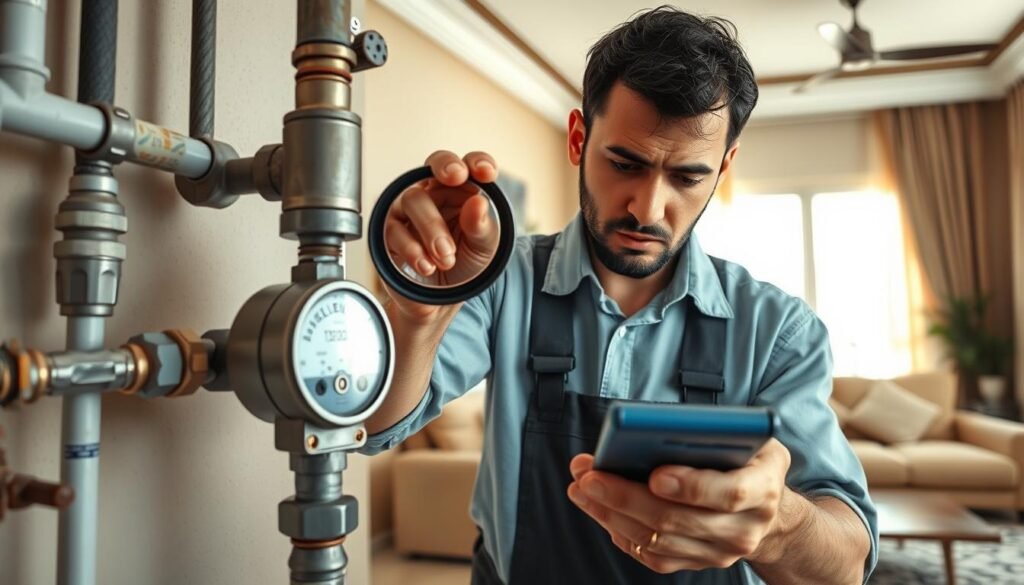 A detailed interior scene of a residential home in Kuwait, showcasing a water leak detection process. The foreground depicts a plumber inspecting a water meter with a concerned expression, using specialized detection equipment to locate the source of the leak. The middle ground features exposed pipes and fixtures, revealing the hidden water infrastructure. The background showcases a cozy living room with natural lighting streaming through the windows, creating a warm and inviting atmosphere that contrasts with the technical nature of the leak inspection. Emphasis is placed on the intricate process of identifying water leaks, conveying the importance of this task in the Kuwaiti context. A detailed interior scene of a residential home in Kuwait, showcasing a water leak detection process. The foreground depicts a plumber inspecting a water meter with a concerned expression, using specialized detection equipment to locate the source of the leak. The middle ground features exposed pipes and fixtures, revealing the hidden water infrastructure. The background showcases a cozy living room with natural lighting streaming through the windows, creating a warm and inviting atmosphere that contrasts with the technical nature of the leak inspection. Emphasis is placed on the intricate process of identifying water leaks, conveying the importance of this task in the Kuwaiti context.