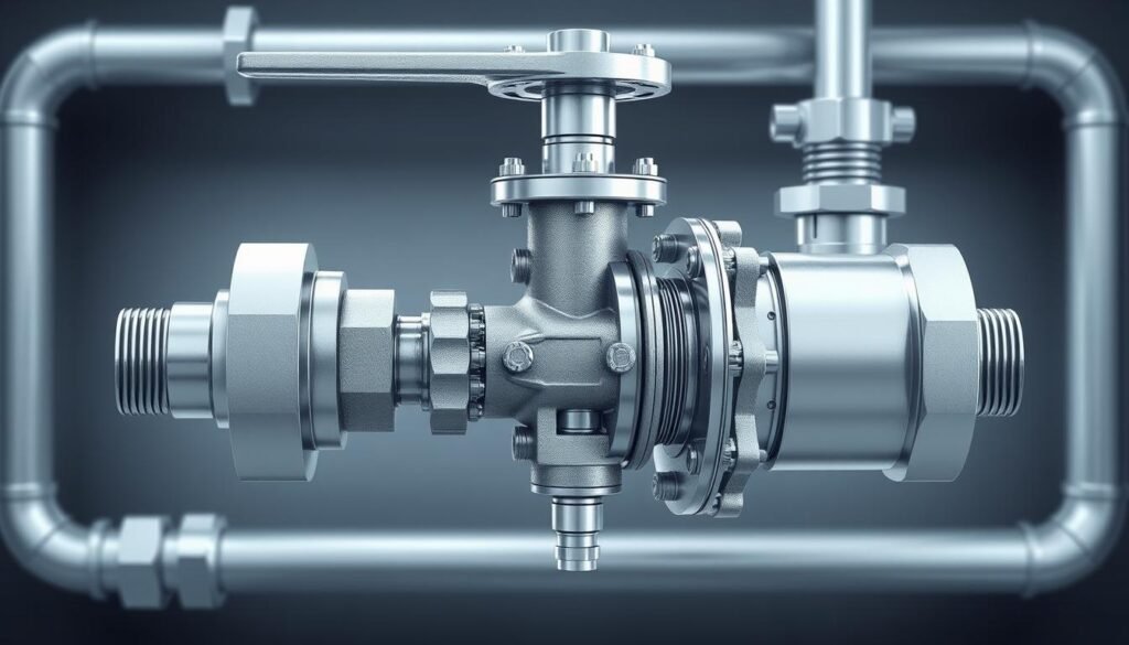 A detailed technical illustration of water valve regulators for pipe insulation. Showcase the intricate valve mechanisms, metal housing, and threaded pipe connections in a clean, well-lit environment. Capture the engineering precision with a focus on the functional components, using a slightly elevated camera angle to provide clear visibility. Convey a sense of industrial reliability and durability through the materials and design. Render the scene with soft, balanced lighting to highlight the valve's mechanical features while maintaining visual interest. A detailed technical illustration of water valve regulators for pipe insulation. Showcase the intricate valve mechanisms, metal housing, and threaded pipe connections in a clean, well-lit environment. Capture the engineering precision with a focus on the functional components, using a slightly elevated camera angle to provide clear visibility. Convey a sense of industrial reliability and durability through the materials and design. Render the scene with soft, balanced lighting to highlight the valve's mechanical features while maintaining visual interest.