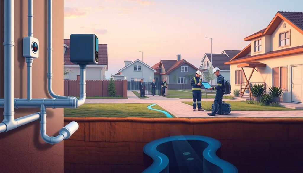 A detailed technical illustration showcasing the comprehensive water leak detection service in Mubarak Al-Kabeer, Kuwait. The foreground depicts a sleek, modern plumbing system with high-tech sensors monitoring for potential leaks. The middle ground features a team of skilled technicians using advanced diagnostic equipment to pinpoint the source of the issue. In the background, a tranquil residential neighborhood sets the scene, conveying the reliable, professional nature of the service. Realistic lighting from multiple angles highlights the service's precision and attention to detail. The overall mood exudes a sense of confidence and trust in the company's ability to provide a comprehensive, worry-free solution for water leak detection and resolution. A detailed technical illustration showcasing the comprehensive water leak detection service in Mubarak Al-Kabeer, Kuwait. The foreground depicts a sleek, modern plumbing system with high-tech sensors monitoring for potential leaks. The middle ground features a team of skilled technicians using advanced diagnostic equipment to pinpoint the source of the issue. In the background, a tranquil residential neighborhood sets the scene, conveying the reliable, professional nature of the service. Realistic lighting from multiple angles highlights the service's precision and attention to detail. The overall mood exudes a sense of confidence and trust in the company's ability to provide a comprehensive, worry-free solution for water leak detection and resolution.