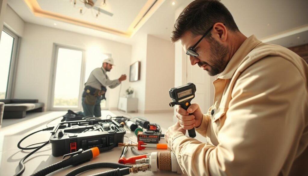 A detailed, wide-angle view of a technician performing an initial water leak inspection at a residential property in Mubarak Al-Kabeer, Kuwait. The technician is examining the plumbing fixtures and walls with a variety of specialized tools, while the scene is bathed in bright, natural lighting filtering in through large windows. The middle ground shows a well-organized toolkit and monitoring equipment spread out on a work surface, conveying a sense of professional expertise. The background depicts a spacious, clean, and modern interior design with neutral tones, creating an atmosphere of efficiency and attention to detail. A detailed, wide-angle view of a technician performing an initial water leak inspection at a residential property in Mubarak Al-Kabeer, Kuwait. The technician is examining the plumbing fixtures and walls with a variety of specialized tools, while the scene is bathed in bright, natural lighting filtering in through large windows. The middle ground shows a well-organized toolkit and monitoring equipment spread out on a work surface, conveying a sense of professional expertise. The background depicts a spacious, clean, and modern interior design with neutral tones, creating an atmosphere of efficiency and attention to detail.