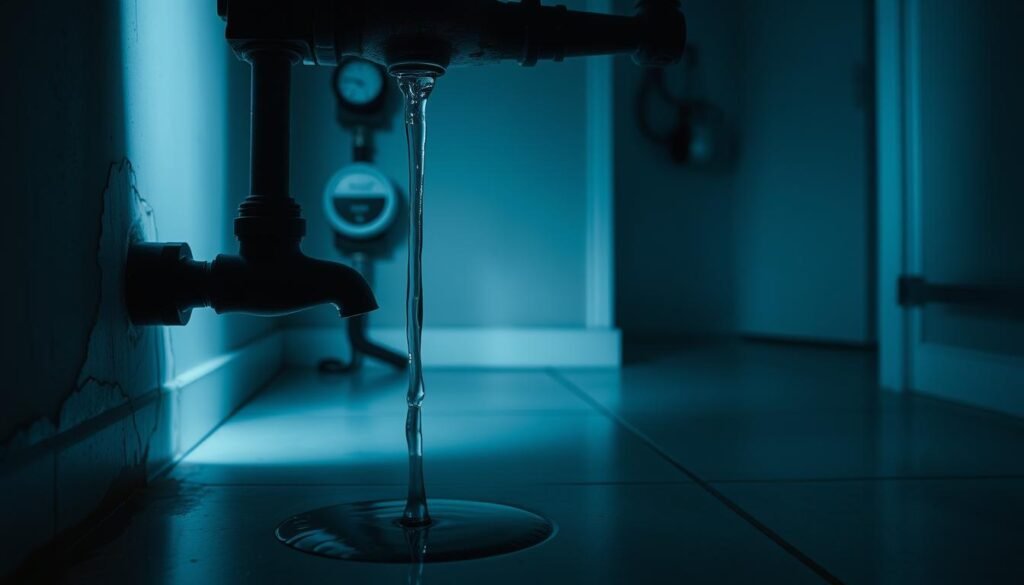 A dimly lit interior of a modern home, with a close-up view of a leaky faucet dripping water onto the tiled floor. The water stain on the wall and the musty smell in the air suggest a long-standing issue. In the background, a malfunctioning water meter and a worn-out pipe expose the root cause of the problem. The scene conveys a sense of neglect and the need for prompt attention to address the hidden water leakage. The lighting is soft and moody, creating a subtle atmosphere of concern and the urgency to identify and fix the problem. A dimly lit interior of a modern home, with a close-up view of a leaky faucet dripping water onto the tiled floor. The water stain on the wall and the musty smell in the air suggest a long-standing issue. In the background, a malfunctioning water meter and a worn-out pipe expose the root cause of the problem. The scene conveys a sense of neglect and the need for prompt attention to address the hidden water leakage. The lighting is soft and moody, creating a subtle atmosphere of concern and the urgency to identify and fix the problem.