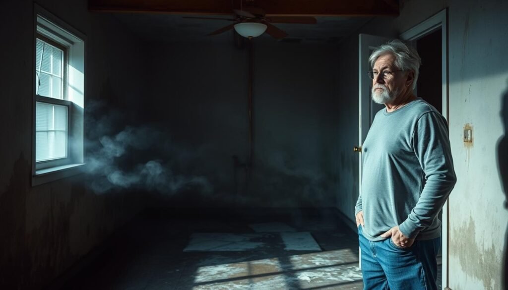 A dimly lit interior of a residential home, with water stains and dampness visible on the walls and ceiling. The floor is partially submerged in standing water, and mold is beginning to grow in the corners. Wisps of steam rise from the damp areas, creating an eerie, foreboding atmosphere. In the foreground, a homeowner stands with a concerned expression, surveying the damage caused by the water leak. The background is hazy and out of focus, emphasizing the immediate issue at hand. The lighting is soft and natural, casting long shadows and highlighting the deterioration of the space. An overall sense of disrepair and the need for urgent attention to the water damage is conveyed. A dimly lit interior of a residential home, with water stains and dampness visible on the walls and ceiling. The floor is partially submerged in standing water, and mold is beginning to grow in the corners. Wisps of steam rise from the damp areas, creating an eerie, foreboding atmosphere. In the foreground, a homeowner stands with a concerned expression, surveying the damage caused by the water leak. The background is hazy and out of focus, emphasizing the immediate issue at hand. The lighting is soft and natural, casting long shadows and highlighting the deterioration of the space. An overall sense of disrepair and the need for urgent attention to the water damage is conveyed.