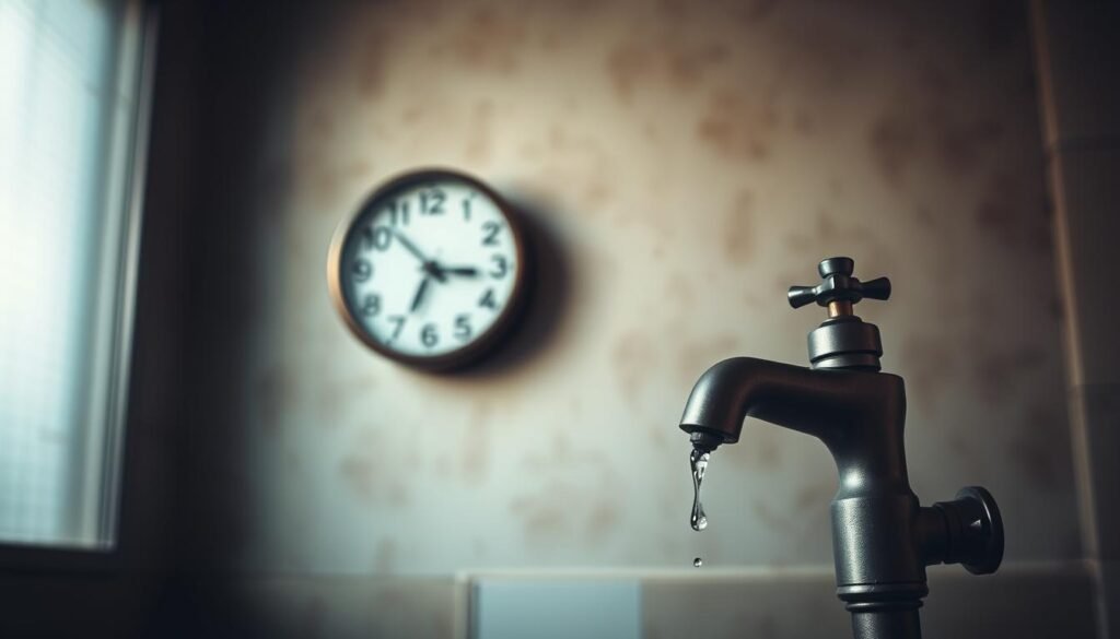 A dimly lit room, with a clock prominently displayed on the wall, showcasing the 24-hour nature of the emergency leak detection service. In the foreground, a faucet dripping steadily, symbolizing the constant, unrelenting nature of water leaks. The background is hazy, with muted colors and a sense of urgency, emphasizing the need for immediate action. The overall mood is one of tension and the feeling that time is of the essence, reflecting the importance of the "خدمة الطوارئ على مدار الساعة" for the Kuwaiti residents. The composition is balanced, with the clock and the dripping faucet creating a visually striking and conceptually meaningful image. A dimly lit room, with a clock prominently displayed on the wall, showcasing the 24-hour nature of the emergency leak detection service. In the foreground, a faucet dripping steadily, symbolizing the constant, unrelenting nature of water leaks. The background is hazy, with muted colors and a sense of urgency, emphasizing the need for immediate action. The overall mood is one of tension and the feeling that time is of the essence, reflecting the importance of the "خدمة الطوارئ على مدار الساعة" for the Kuwaiti residents. The composition is balanced, with the clock and the dripping faucet creating a visually striking and conceptually meaningful image.