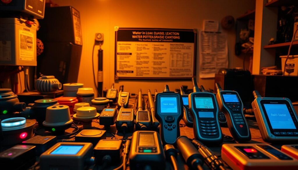A dimly lit workshop filled with various water detection devices. In the foreground, an array of electronic sensors and probes are arranged, their LED indicators softly glowing. The middle ground showcases several handheld water leak detectors, their sleek designs and intuitive interfaces hinting at their advanced capabilities. In the background, a wall-mounted display board outlines the technical specifications and use cases of these specialized instruments. Warm, amber lighting casts a skilled, professional atmosphere, reflecting the expertise required to effectively diagnose and repair water leaks in the Ahmadi region of Kuwait. A dimly lit workshop filled with various water detection devices. In the foreground, an array of electronic sensors and probes are arranged, their LED indicators softly glowing. The middle ground showcases several handheld water leak detectors, their sleek designs and intuitive interfaces hinting at their advanced capabilities. In the background, a wall-mounted display board outlines the technical specifications and use cases of these specialized instruments. Warm, amber lighting casts a skilled, professional atmosphere, reflecting the expertise required to effectively diagnose and repair water leaks in the Ahmadi region of Kuwait.