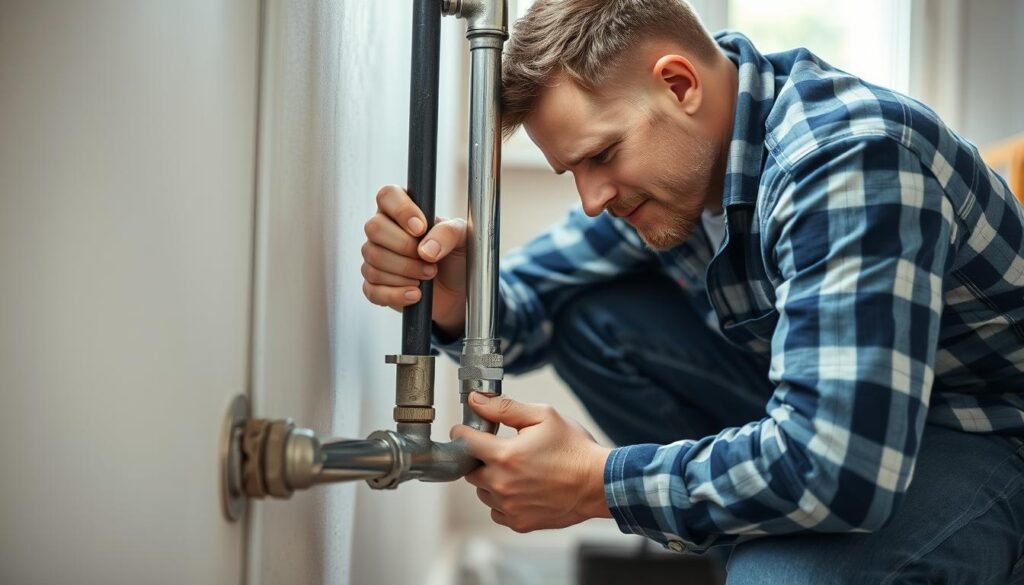A high-resolution image of a plumber repairing a leaky pipe, captured with a professional camera. The plumber is kneeling down, carefully examining the pipe with a wrench in hand. The scene is well-lit, with diffused natural light filtering through a window, casting soft shadows and highlighting the intricate details of the pipe and the plumber's work. The background is blurred, keeping the focus on the plumber's actions. The atmosphere is one of quiet concentration and problem-solving, conveying the expertise and diligence required to effectively address the issue of a noisy, leaky pipe. A high-resolution image of a plumber repairing a leaky pipe, captured with a professional camera. The plumber is kneeling down, carefully examining the pipe with a wrench in hand. The scene is well-lit, with diffused natural light filtering through a window, casting soft shadows and highlighting the intricate details of the pipe and the plumber's work. The background is blurred, keeping the focus on the plumber's actions. The atmosphere is one of quiet concentration and problem-solving, conveying the expertise and diligence required to effectively address the issue of a noisy, leaky pipe.