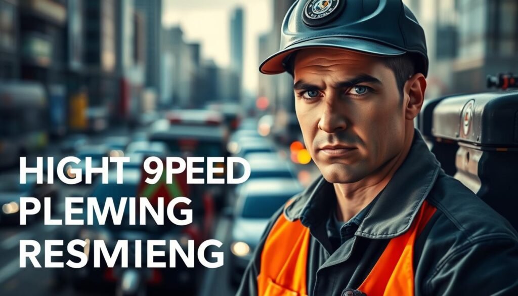 A high-speed response service, with technicians rapidly arriving at the scene, equipped with specialized tools and expertise to efficiently tackle any plumbing emergency. Set against a backdrop of a bustling urban landscape, the image conveys a sense of urgency and professionalism, with a technician in the foreground, dressed in a uniform, focused and ready to spring into action. The lighting is sharp and directional, casting dramatic shadows, highlighting the technician's determined expression. The overall atmosphere is one of efficiency, reliability, and a commitment to providing prompt and effective solutions to customers in need. A high-speed response service, with technicians rapidly arriving at the scene, equipped with specialized tools and expertise to efficiently tackle any plumbing emergency. Set against a backdrop of a bustling urban landscape, the image conveys a sense of urgency and professionalism, with a technician in the foreground, dressed in a uniform, focused and ready to spring into action. The lighting is sharp and directional, casting dramatic shadows, highlighting the technician's determined expression. The overall atmosphere is one of efficiency, reliability, and a commitment to providing prompt and effective solutions to customers in need.