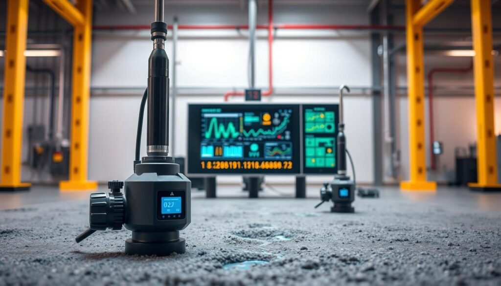 A high-tech water detection system in a sleek, modern design. In the foreground, advanced sensors and probes meticulously examine the ground, utilizing the latest in hydroacoustic technology to precisely pinpoint the flow of water. The middle ground showcases a control panel with intuitive digital displays, providing real-time data and diagnostic information. In the background, a clean, minimalist industrial setting with subtle lighting emphasizes the sophisticated, professional nature of the equipment. The overall atmosphere conveys a sense of precision, efficiency, and cutting-edge innovation in the field of water leak detection. A high-tech water detection system in a sleek, modern design. In the foreground, advanced sensors and probes meticulously examine the ground, utilizing the latest in hydroacoustic technology to precisely pinpoint the flow of water. The middle ground showcases a control panel with intuitive digital displays, providing real-time data and diagnostic information. In the background, a clean, minimalist industrial setting with subtle lighting emphasizes the sophisticated, professional nature of the equipment. The overall atmosphere conveys a sense of precision, efficiency, and cutting-edge innovation in the field of water leak detection.