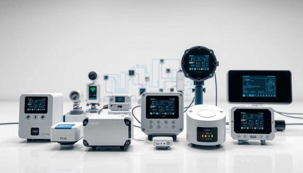 A high-tech water leak detection system composed of advanced sensors and scanners, meticulously arranged in a modern, minimalist layout. The foreground showcases the sleek, compact hardware with precise indicator lights and digital displays, while the middle ground reveals the interconnected network of monitoring devices. In the background, a clean, neutral environment emphasizes the technological sophistication of the setup. Emphasize the precision, efficiency, and cutting-edge nature of the water leak detection solution, conveying a sense of professionalism and reliability. Lighting should be bright, uniform, and highlight the details of the equipment, creating a visually appealing and informative illustration. A high-tech water leak detection system composed of advanced sensors and scanners, meticulously arranged in a modern, minimalist layout. The foreground showcases the sleek, compact hardware with precise indicator lights and digital displays, while the middle ground reveals the interconnected network of monitoring devices. In the background, a clean, neutral environment emphasizes the technological sophistication of the setup. Emphasize the precision, efficiency, and cutting-edge nature of the water leak detection solution, conveying a sense of professionalism and reliability. Lighting should be bright, uniform, and highlight the details of the equipment, creating a visually appealing and informative illustration.