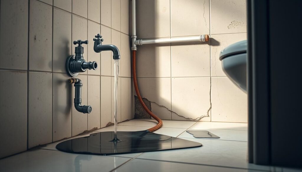 A highly detailed interior scene showcasing the common causes of water leaks in Kuwaiti homes. A well-lit, high-resolution image depicting a bathroom with a leaky faucet, cracked pipes, and a puddle of water on the tiled floor. The scene includes subtle hints of the building's age and construction materials, suggesting potential structural issues leading to these water issues. The lighting is soft and natural, highlighting the problem areas while maintaining a sense of realism. The overall composition draws the viewer's attention to the various plumbing and structural elements that can contribute to persistent water leaks in Kuwaiti residences. A highly detailed interior scene showcasing the common causes of water leaks in Kuwaiti homes. A well-lit, high-resolution image depicting a bathroom with a leaky faucet, cracked pipes, and a puddle of water on the tiled floor. The scene includes subtle hints of the building's age and construction materials, suggesting potential structural issues leading to these water issues. The lighting is soft and natural, highlighting the problem areas while maintaining a sense of realism. The overall composition draws the viewer's attention to the various plumbing and structural elements that can contribute to persistent water leaks in Kuwaiti residences.