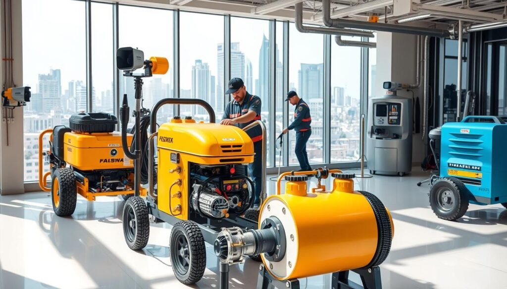 A modern and well-equipped plumbing company's headquarters, showcasing the latest trenchless technology equipment, high-pressure water jetters, and CCTV inspection cameras. The foreground features a focus on the advanced plumbing tools, with a clean, organized workspace. The middle ground shows technicians in uniform, expertly operating the specialized machinery. The background depicts a cityscape of the capital city of Kuwait, emphasizing the company's local expertise and service. The lighting is natural and bright, creating a professional and capable atmosphere. The overall composition conveys the company's commitment to utilizing the most innovative plumbing solutions to effectively address any drainage or sewage issues. A modern and well-equipped plumbing company's headquarters, showcasing the latest trenchless technology equipment, high-pressure water jetters, and CCTV inspection cameras. The foreground features a focus on the advanced plumbing tools, with a clean, organized workspace. The middle ground shows technicians in uniform, expertly operating the specialized machinery. The background depicts a cityscape of the capital city of Kuwait, emphasizing the company's local expertise and service. The lighting is natural and bright, creating a professional and capable atmosphere. The overall composition conveys the company's commitment to utilizing the most innovative plumbing solutions to effectively address any drainage or sewage issues.