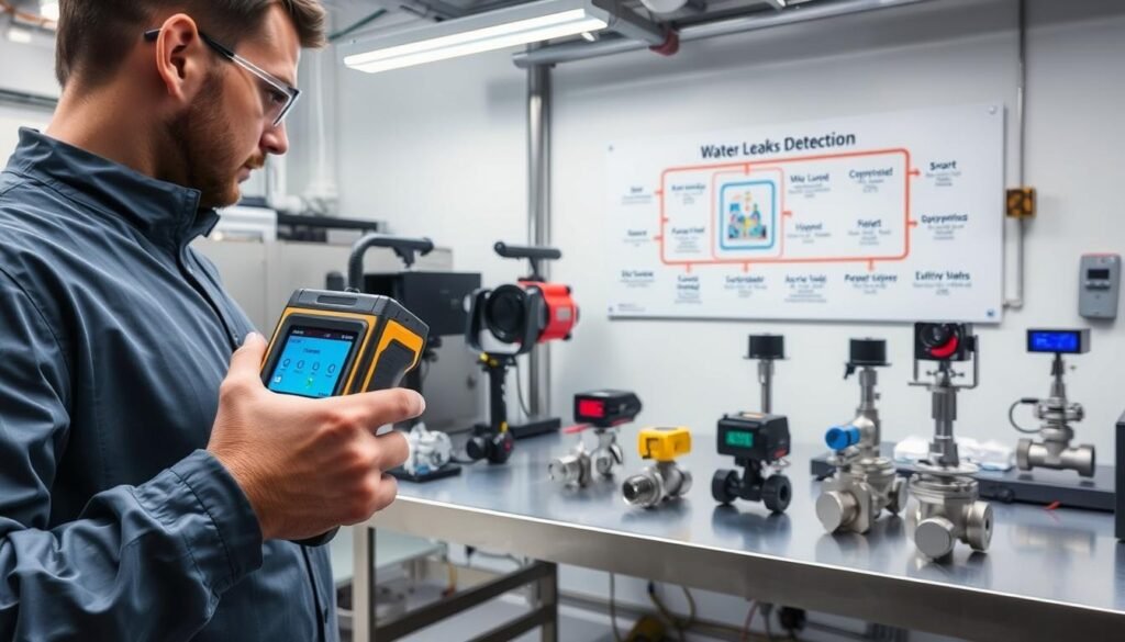 A modern, industrial laboratory setting with cutting-edge water leak detection equipment. In the foreground, a technician operating a handheld ultrasonic leak detector, its digital display showing the precise location of a water leak. In the middle ground, an array of other sophisticated devices - thermal imaging cameras, acoustic sensors, and smart valves - arranged neatly on a stainless steel workbench. The background features a wall-mounted schematic diagram outlining the various techniques used in the latest water leak detection technologies. The lighting is bright and clinical, creating a sense of precision and professionalism. The overall atmosphere conveys the advanced, high-tech nature of these modern water leak detection systems. A modern, industrial laboratory setting with cutting-edge water leak detection equipment. In the foreground, a technician operating a handheld ultrasonic leak detector, its digital display showing the precise location of a water leak. In the middle ground, an array of other sophisticated devices - thermal imaging cameras, acoustic sensors, and smart valves - arranged neatly on a stainless steel workbench. The background features a wall-mounted schematic diagram outlining the various techniques used in the latest water leak detection technologies. The lighting is bright and clinical, creating a sense of precision and professionalism. The overall atmosphere conveys the advanced, high-tech nature of these modern water leak detection systems.