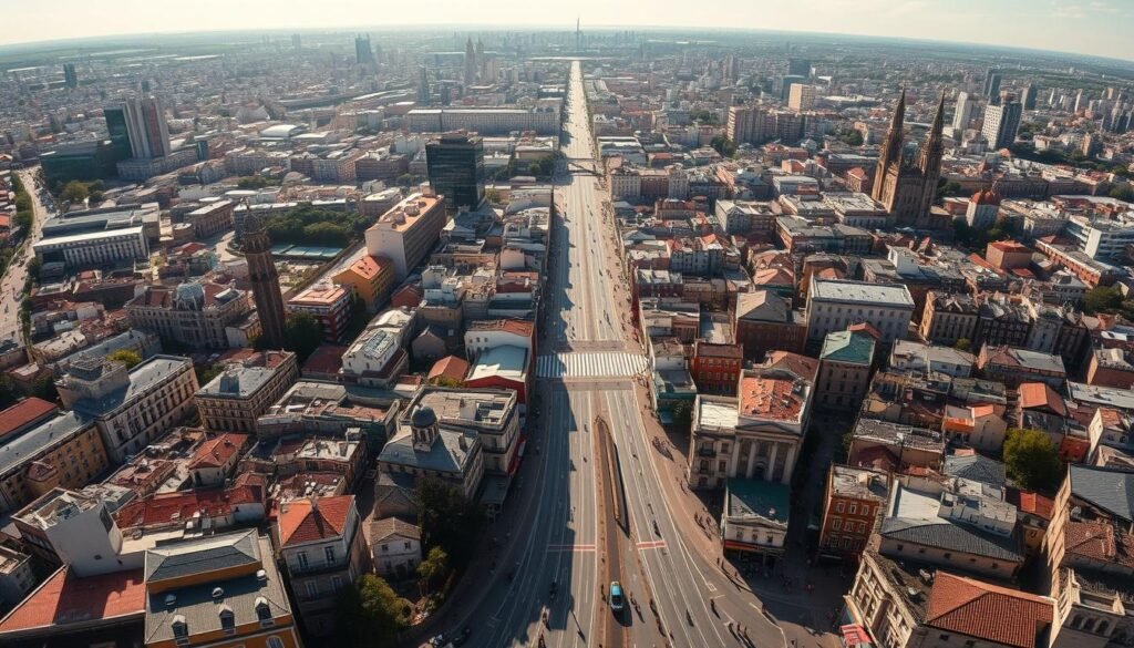 A panoramic cityscape depicting the vibrant capital city, showcasing its diverse neighborhoods and bustling street life. The image should feature a wide-angle lens perspective, capturing the urban sprawl with a focus on the intricate road networks and infrastructure that connect the various districts. Utilize warm, natural lighting to convey a sense of activity and energy, with shadows and highlights accentuating the architectural details of the buildings. Incorporate a slight elevated angle to provide an encompassing overview of the city's layout, allowing the viewer to appreciate the comprehensive coverage and connectivity of the capital's various regions. The overall composition should strike a balance between the grandeur of the cityscape and the intimate details that collectively define the city's character. A panoramic cityscape depicting the vibrant capital city, showcasing its diverse neighborhoods and bustling street life. The image should feature a wide-angle lens perspective, capturing the urban sprawl with a focus on the intricate road networks and infrastructure that connect the various districts. Utilize warm, natural lighting to convey a sense of activity and energy, with shadows and highlights accentuating the architectural details of the buildings. Incorporate a slight elevated angle to provide an encompassing overview of the city's layout, allowing the viewer to appreciate the comprehensive coverage and connectivity of the capital's various regions. The overall composition should strike a balance between the grandeur of the cityscape and the intimate details that collectively define the city's character.