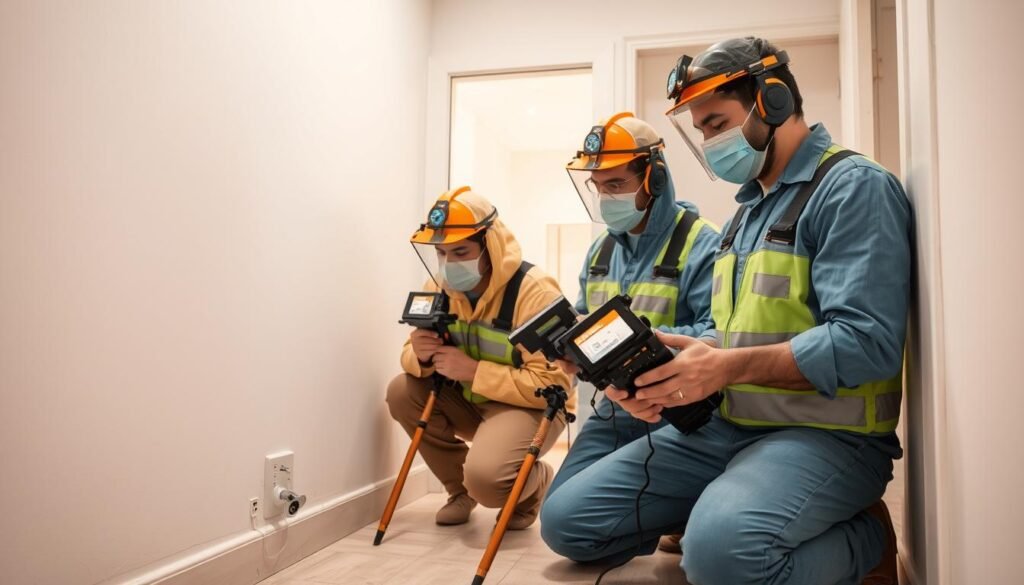 A professional team of water leak detection experts in Kuwait, dressed in protective gear, using high-tech equipment to meticulously inspect a residential property. They carefully examine walls, floors, and fixtures, searching for the source of the water sound with concentrated expressions. The scene is well-lit, showcasing their attention to detail and commitment to solving the water issue efficiently. The composition captures the team's expertise and the homeowner's relief, creating a reassuring atmosphere of problem-solving. A professional team of water leak detection experts in Kuwait, dressed in protective gear, using high-tech equipment to meticulously inspect a residential property. They carefully examine walls, floors, and fixtures, searching for the source of the water sound with concentrated expressions. The scene is well-lit, showcasing their attention to detail and commitment to solving the water issue efficiently. The composition captures the team's expertise and the homeowner's relief, creating a reassuring atmosphere of problem-solving.