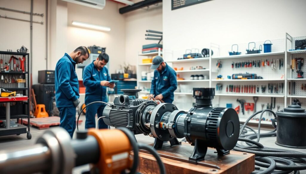 A tranquil scene of water maintenance service in Ahmadi, Kuwait. In the foreground, a team of skilled technicians diligently inspecting and repairing a water pump, their focus evident in their postures. The middle ground showcases an array of specialized tools and equipment, meticulously organized to address any water system issues. In the background, a well-maintained workshop with clean, organized shelves, conveying a sense of professionalism and expertise. The lighting is soft and warm, creating a harmonious atmosphere. The angle captures the scene from a slightly elevated perspective, emphasizing the attention to detail and the pride in the work being performed. This image reflects the competitive pricing and quality service offered for water system repairs in Ahmadi. A tranquil scene of water maintenance service in Ahmadi, Kuwait. In the foreground, a team of skilled technicians diligently inspecting and repairing a water pump, their focus evident in their postures. The middle ground showcases an array of specialized tools and equipment, meticulously organized to address any water system issues. In the background, a well-maintained workshop with clean, organized shelves, conveying a sense of professionalism and expertise. The lighting is soft and warm, creating a harmonious atmosphere. The angle captures the scene from a slightly elevated perspective, emphasizing the attention to detail and the pride in the work being performed. This image reflects the competitive pricing and quality service offered for water system repairs in Ahmadi.