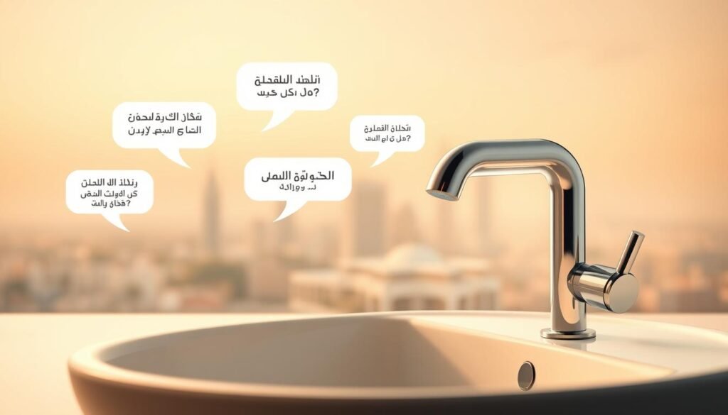 A vibrant and informative image showcasing "أسئلة شائعة" (Frequently Asked Questions) for a plumbing company in Kuwait. In the foreground, a clean and modern faucet emerges from a sleek, minimalist basin, representing the core service offered. The middle ground features a series of speech bubbles containing common questions in Arabic script, floating in a warm, muted color palette that evokes a sense of approachability and professionalism. The background depicts a soft, blurred cityscape of the Kuwaiti capital, hinting at the local context and expertise of the company. Gentle lighting casts a subtle glow, creating a welcoming and trustworthy atmosphere. The overall composition strikes a balance between practical information and visually appealing design, making it an effective illustration for the "أسئلة شائعة" section of the article. A vibrant and informative image showcasing "أسئلة شائعة" (Frequently Asked Questions) for a plumbing company in Kuwait. In the foreground, a clean and modern faucet emerges from a sleek, minimalist basin, representing the core service offered. The middle ground features a series of speech bubbles containing common questions in Arabic script, floating in a warm, muted color palette that evokes a sense of approachability and professionalism. The background depicts a soft, blurred cityscape of the Kuwaiti capital, hinting at the local context and expertise of the company. Gentle lighting casts a subtle glow, creating a welcoming and trustworthy atmosphere. The overall composition strikes a balance between practical information and visually appealing design, making it an effective illustration for the "أسئلة شائعة" section of the article.