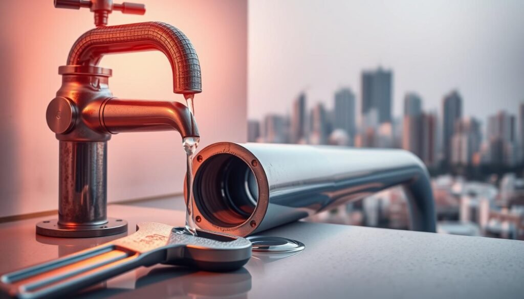 A visually arresting image showcasing the importance of early water leak detection. In the foreground, a plumber's wrench lies beside a dripping faucet, symbolizing the need for prompt action. The middle ground features a detailed cross-section of a residential water pipe, highlighting the internal workings and potential for unseen leaks. In the background, a cityscape of Kuwaiti architecture sets the scene, emphasizing the wide-ranging impact of water conservation. Soft, warm lighting illuminates the scene, creating a sense of urgency and purpose. The overall composition conveys the necessity of early leak detection to preserve resources and protect infrastructure in the bustling Kuwaiti capital. A visually arresting image showcasing the importance of early water leak detection. In the foreground, a plumber's wrench lies beside a dripping faucet, symbolizing the need for prompt action. The middle ground features a detailed cross-section of a residential water pipe, highlighting the internal workings and potential for unseen leaks. In the background, a cityscape of Kuwaiti architecture sets the scene, emphasizing the wide-ranging impact of water conservation. Soft, warm lighting illuminates the scene, creating a sense of urgency and purpose. The overall composition conveys the necessity of early leak detection to preserve resources and protect infrastructure in the bustling Kuwaiti capital.