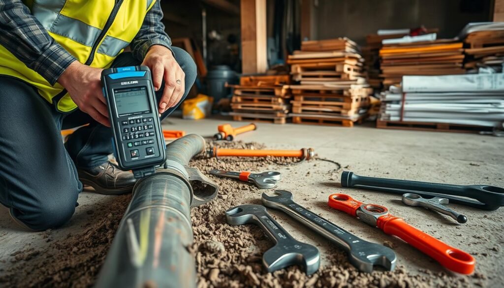 A well-lit, close-up photograph showcasing the process of detecting water pipe leaks. In the foreground, a technician in a safety vest crouches by an exposed pipe, using a high-tech leak detection device to precisely locate the source of the problem. The middle ground features a range of plumbing tools, including wrenches and a pipe cutter, signifying the repair work to come. The background depicts a clean, organized work site, with tidy piles of materials and a sense of professionalism. The lighting is natural and warm, creating a welcoming atmosphere that conveys the technician's expertise and the reliable nature of the repair services. The overall composition highlights the advanced techniques and specialized equipment used to provide top-quality leak detection and water pipe repair. A well-lit, close-up photograph showcasing the process of detecting water pipe leaks. In the foreground, a technician in a safety vest crouches by an exposed pipe, using a high-tech leak detection device to precisely locate the source of the problem. The middle ground features a range of plumbing tools, including wrenches and a pipe cutter, signifying the repair work to come. The background depicts a clean, organized work site, with tidy piles of materials and a sense of professionalism. The lighting is natural and warm, creating a welcoming atmosphere that conveys the technician's expertise and the reliable nature of the repair services. The overall composition highlights the advanced techniques and specialized equipment used to provide top-quality leak detection and water pipe repair.