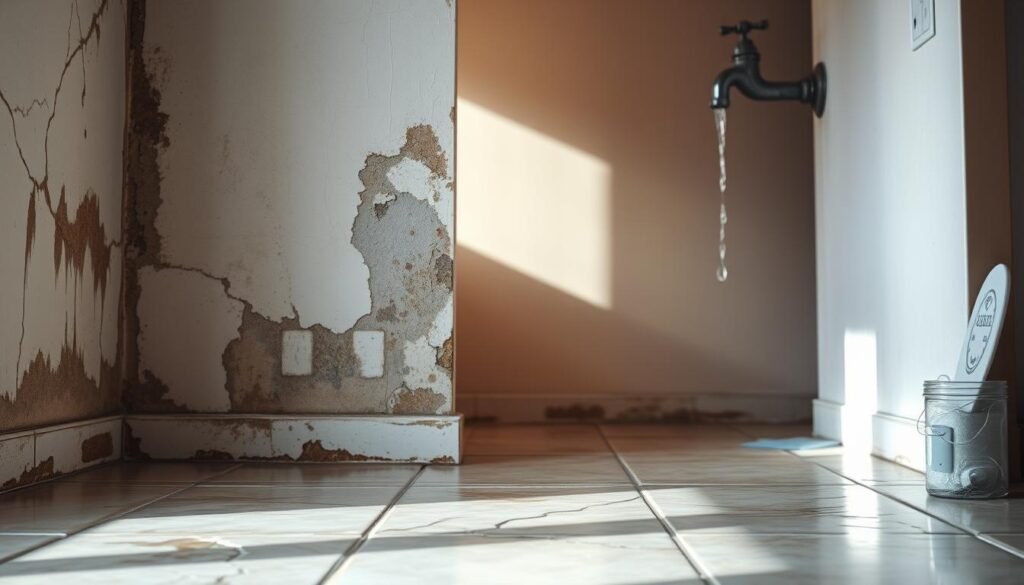A well-lit indoor scene showing the common signs of water leaks in a residential setting. In the foreground, dampness on the walls, water stains, and mold growth are clearly visible. The middle ground features a cracked tile or flooring, indicating structural damage from the water infiltration. In the background, a dripping faucet or leaking pipe contributes to the overall sense of the problem. The lighting is natural, casting soft shadows that help accentuate the problem areas. The atmosphere conveys a sense of concern and the need for prompt action to address the water damage. A well-lit indoor scene showing the common signs of water leaks in a residential setting. In the foreground, dampness on the walls, water stains, and mold growth are clearly visible. The middle ground features a cracked tile or flooring, indicating structural damage from the water infiltration. In the background, a dripping faucet or leaking pipe contributes to the overall sense of the problem. The lighting is natural, casting soft shadows that help accentuate the problem areas. The atmosphere conveys a sense of concern and the need for prompt action to address the water damage.