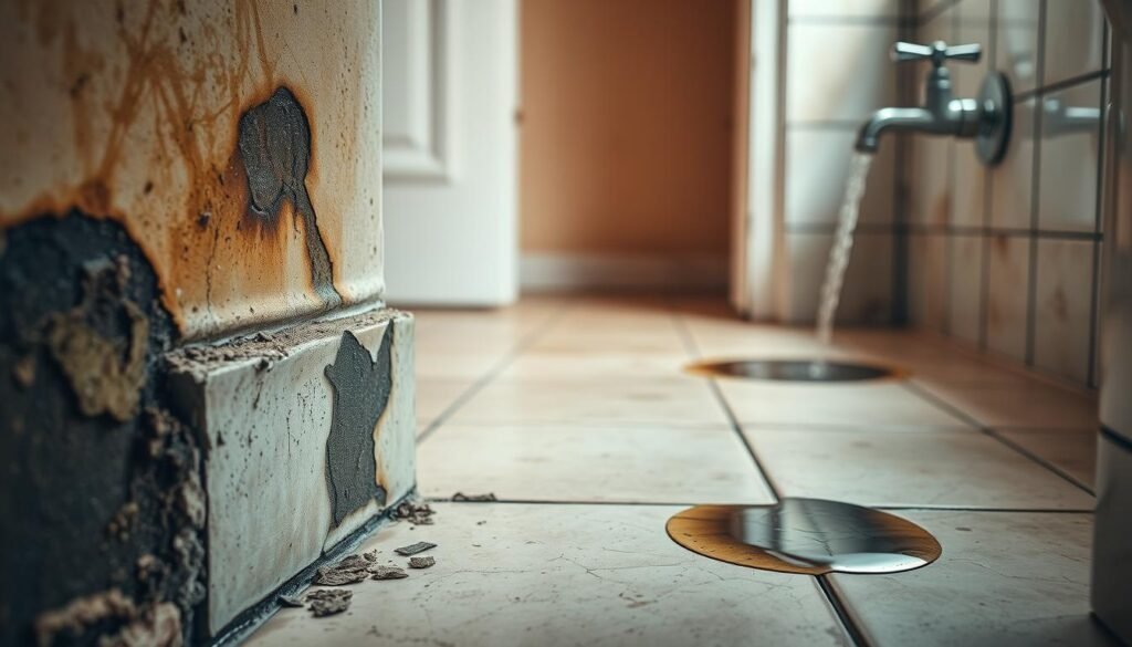 A well-lit interior scene showcasing common signs of water leaks in a domestic setting. In the foreground, a close-up view of a damp and discolored wall section, with visible water stains and mold growth. The middle ground depicts a damaged floor with warping and cracked tiles, while the background reveals a leaking faucet or pipe, creating a small puddle on the tiled surface. The lighting is soft and natural, highlighting the problem areas and creating a sense of concern and the need for timely action. The overall mood conveys a sense of concern and the importance of addressing water leaks to prevent further damage and potential health hazards. A well-lit interior scene showcasing common signs of water leaks in a domestic setting. In the foreground, a close-up view of a damp and discolored wall section, with visible water stains and mold growth. The middle ground depicts a damaged floor with warping and cracked tiles, while the background reveals a leaking faucet or pipe, creating a small puddle on the tiled surface. The lighting is soft and natural, highlighting the problem areas and creating a sense of concern and the need for timely action. The overall mood conveys a sense of concern and the importance of addressing water leaks to prevent further damage and potential health hazards.