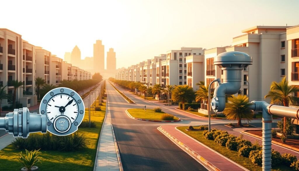 An elegant cityscape of the Jahra district in Kuwait, with a focus on residential buildings and infrastructure. In the foreground, a detailed illustration of a water meter and pipes, conveying the theme of leak detection services. The middle ground features well-manicured roads and sidewalks, with modern Kuwaiti architecture in the background, bathed in warm, golden lighting to create a tranquil, welcoming atmosphere. The composition emphasizes the importance of professional water leak detection in maintaining the integrity and comfort of the local community. An elegant cityscape of the Jahra district in Kuwait, with a focus on residential buildings and infrastructure. In the foreground, a detailed illustration of a water meter and pipes, conveying the theme of leak detection services. The middle ground features well-manicured roads and sidewalks, with modern Kuwaiti architecture in the background, bathed in warm, golden lighting to create a tranquil, welcoming atmosphere. The composition emphasizes the importance of professional water leak detection in maintaining the integrity and comfort of the local community.