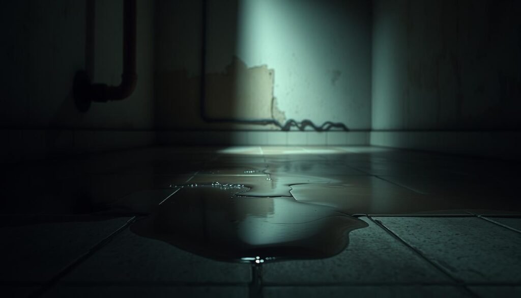 An ominous scene of a leaking water pipe, its steady drip echoing through a dimly lit room. The floor is slowly being submerged, with puddles forming and creeping towards the walls. In the foreground, a cracked tile glistens with the pooling water, while the background reveals the deteriorating infrastructure behind the drywall. The lighting is a mix of soft, ambient illumination and the harsh, directional beam of a flashlight, casting long shadows and creating a sense of foreboding. The overall atmosphere is one of neglect and the hidden dangers that lurk within the unseen spaces of a home, a metaphor for the potential damage caused by undetected water leaks. An ominous scene of a leaking water pipe, its steady drip echoing through a dimly lit room. The floor is slowly being submerged, with puddles forming and creeping towards the walls. In the foreground, a cracked tile glistens with the pooling water, while the background reveals the deteriorating infrastructure behind the drywall. The lighting is a mix of soft, ambient illumination and the harsh, directional beam of a flashlight, casting long shadows and creating a sense of foreboding. The overall atmosphere is one of neglect and the hidden dangers that lurk within the unseen spaces of a home, a metaphor for the potential damage caused by undetected water leaks.