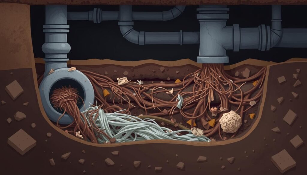 Clogged drains, a maze of pipes, and a surge of waste buildup. Capture the causes of drainage obstruction in a detailed illustration. Depict a cross-section view showcasing the intricate network of underground piping, with accumulated debris, hair, and organic matter blocking the flow. Render the scene with a gritty, realistic style, using muted tones to convey the unseen challenges of maintaining a functional plumbing system. Incorporate subtle lighting and shadows to highlight the technical complexities, while evoking a sense of the unseen issues that can plague a home or commercial property. Craft a visually compelling image that effectively communicates the reasons behind clogged drains and the importance of professional drain cleaning services. Clogged drains, a maze of pipes, and a surge of waste buildup. Capture the causes of drainage obstruction in a detailed illustration. Depict a cross-section view showcasing the intricate network of underground piping, with accumulated debris, hair, and organic matter blocking the flow. Render the scene with a gritty, realistic style, using muted tones to convey the unseen challenges of maintaining a functional plumbing system. Incorporate subtle lighting and shadows to highlight the technical complexities, while evoking a sense of the unseen issues that can plague a home or commercial property. Craft a visually compelling image that effectively communicates the reasons behind clogged drains and the importance of professional drain cleaning services.