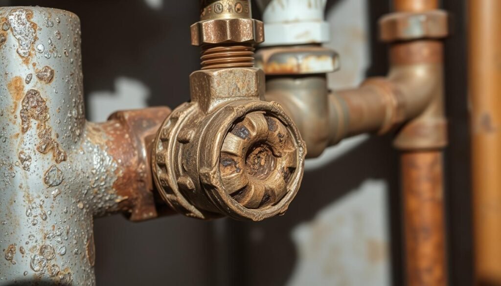 Detailed close-up shot of a damaged valve and pipe buildup in a residential kitchen plumbing system. The valve is rusted and worn, with visible cracks and leaks. The surrounding pipes are encrusted with mineral deposits and scale, indicating a history of water flow issues. The lighting is natural, with soft shadows highlighting the textural imperfections. The composition emphasizes the problems, conveying a sense of disrepair and the need for repair or replacement. The overall mood is one of functional deterioration, hinting at the source of the water gurgling sound described in the article. Detailed close-up shot of a damaged valve and pipe buildup in a residential kitchen plumbing system. The valve is rusted and worn, with visible cracks and leaks. The surrounding pipes are encrusted with mineral deposits and scale, indicating a history of water flow issues. The lighting is natural, with soft shadows highlighting the textural imperfections. The composition emphasizes the problems, conveying a sense of disrepair and the need for repair or replacement. The overall mood is one of functional deterioration, hinting at the source of the water gurgling sound described in the article.