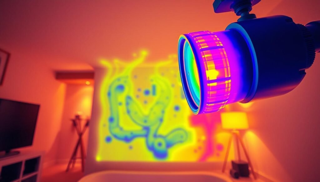 Highly detailed infrared thermal imaging camera capturing a comprehensive visual analysis of water leaks, showcasing the intricate patterns and temperature variations that expose hidden plumbing issues. The scene depicts a modern residential interior with warm tones, clean lines, and a minimalist aesthetic. Soft, diffused lighting accentuates the contrast between the cooler leak areas and the warmer surrounding surfaces, providing a clear diagnostic perspective for the viewer. The image conveys a sense of scientific precision and technical expertise, perfectly suited to illustrate the latest advancements in non-invasive leak detection methods. Highly detailed infrared thermal imaging camera capturing a comprehensive visual analysis of water leaks, showcasing the intricate patterns and temperature variations that expose hidden plumbing issues. The scene depicts a modern residential interior with warm tones, clean lines, and a minimalist aesthetic. Soft, diffused lighting accentuates the contrast between the cooler leak areas and the warmer surrounding surfaces, providing a clear diagnostic perspective for the viewer. The image conveys a sense of scientific precision and technical expertise, perfectly suited to illustrate the latest advancements in non-invasive leak detection methods.